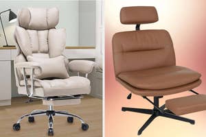 on left: white office chair, on right: brown office chair