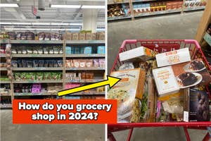 Supermarket aisle with various products; grocery cart filled with food items. Text: How do you grocery shop in 2024?