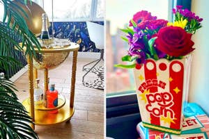 A novelty flower arrangement inside a popcorn-themed vase, resembling a movie snack. Perfect for film enthusiasts
