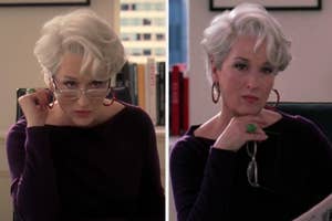 Miranda Priestly from "The Devil Wears Prada" in office attire with glasses and statement jewelry