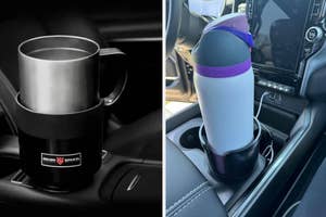 Two different car cup holders with travel mugs, one a slim metal design, the other a bulkier mug with a handle and purple accents