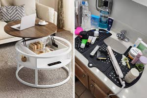 the brown and white lift-top coffee table with laptop on top / reviewer's black sink topper on a bathroom counter holding various items