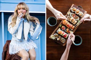 Left: A performer sings on stage. Right: Hands holding cups next to a sushi platter