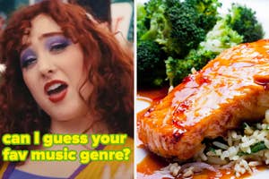 Split image with a woman speaking on the left and a plate of salmon with vegetables on rice on the right. Text: "Can I guess your fav music genre?"