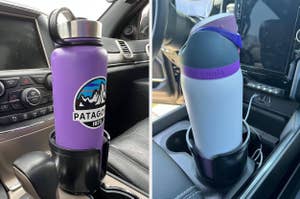 Two images: Left shows a Patagonia water bottle in a car cup holder; right shows an Owala bottle in a car cup holder