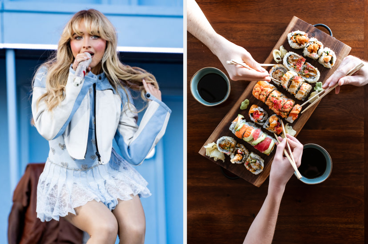 Left: A performer sings on stage. Right: Hands holding cups next to a sushi platter
