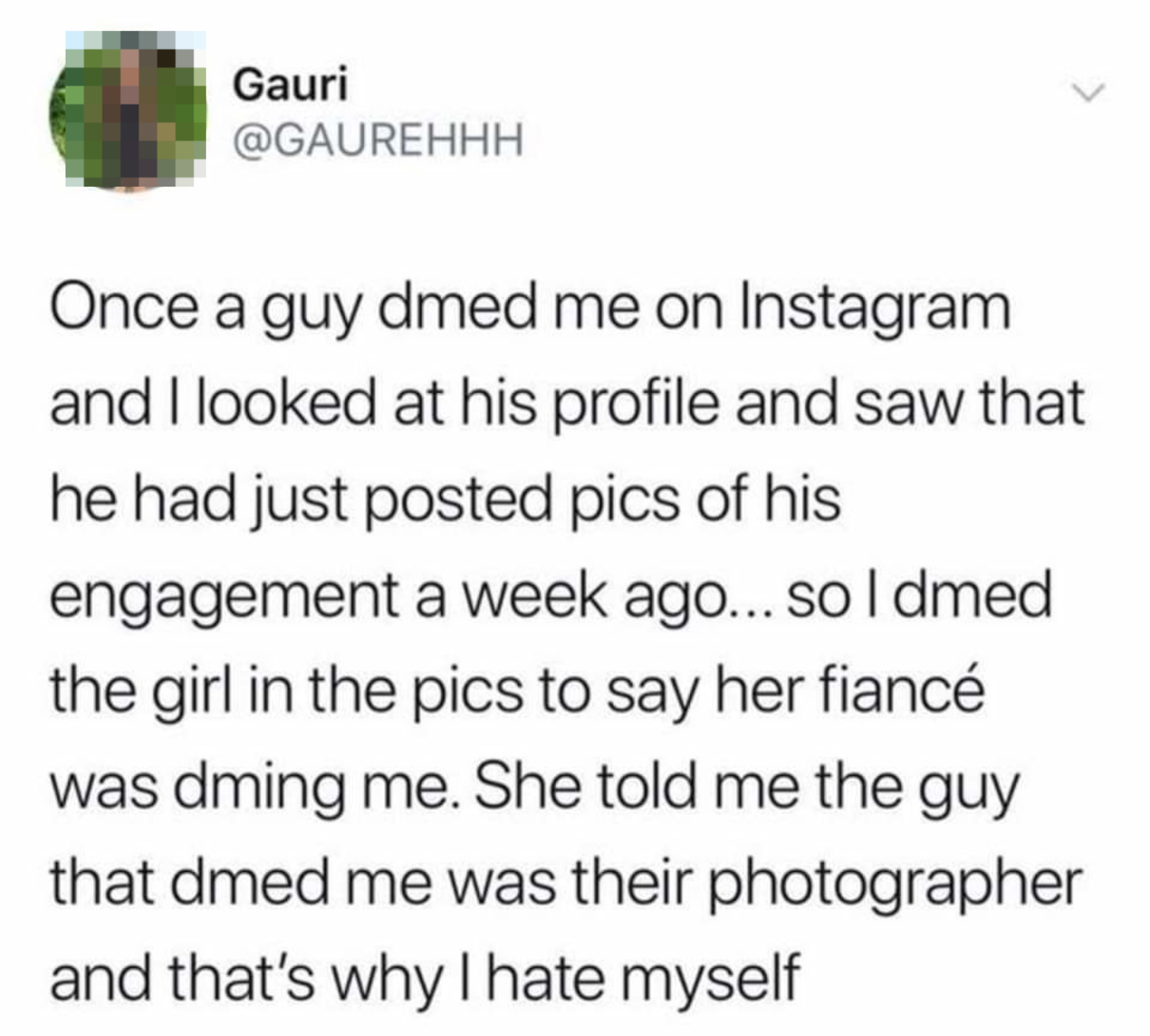 Tweet by user Gauri sharing a story about mistakenly thinking a newly engaged man was flirting, only to learn he was just a photographer