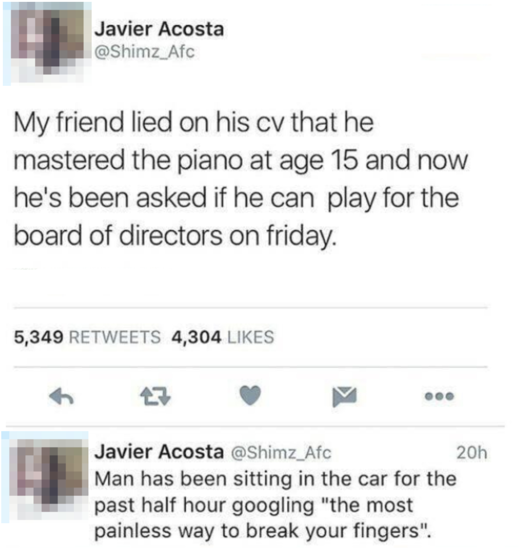 Tweet by Javier Acosta sharing humor about a friend lying on a resume, with a sarcastic follow-up tweet about piano-playing skills