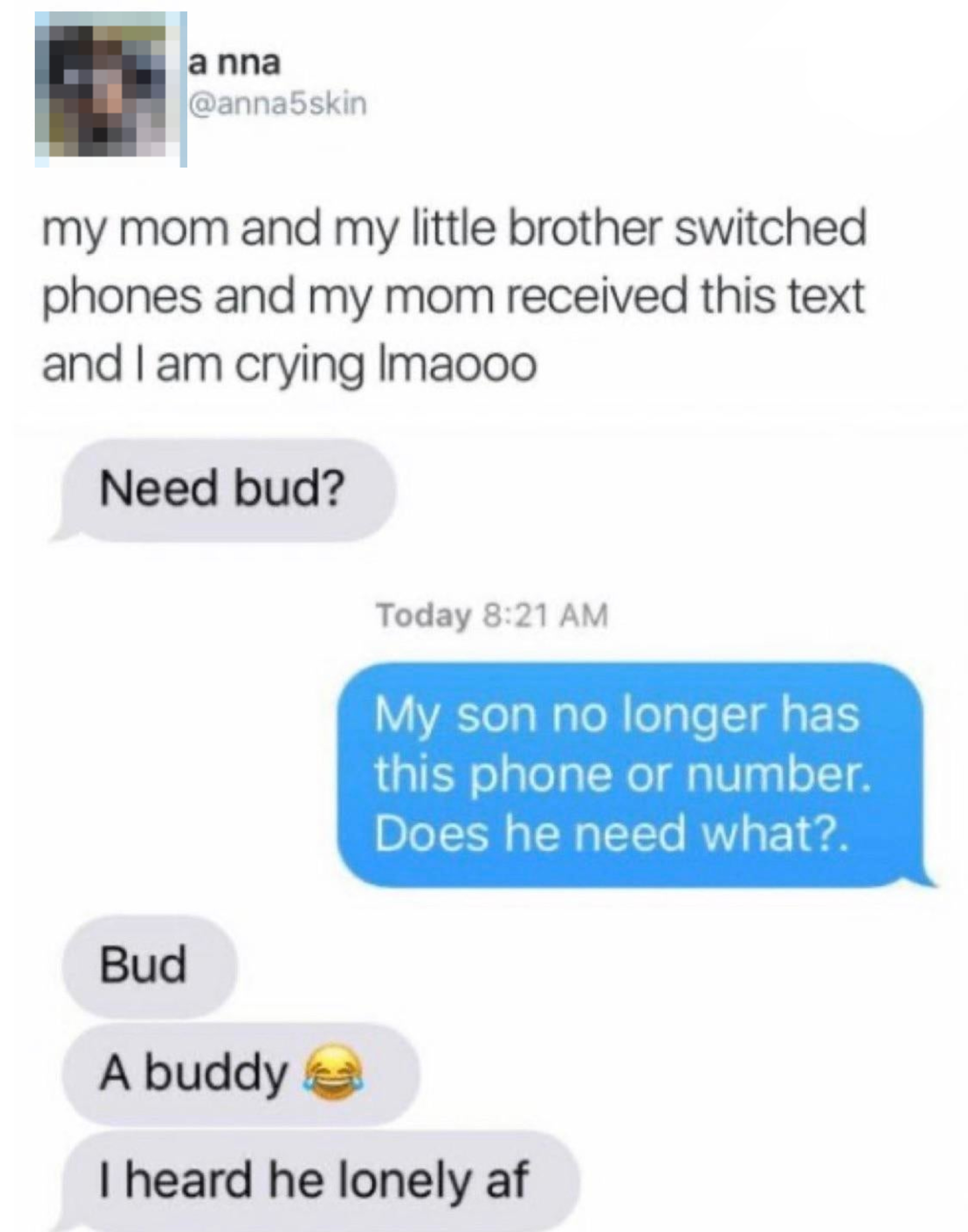 Screen capture of a humorous text exchange where someone offers &#x27;bud&#x27; and receives a confused response from a parent