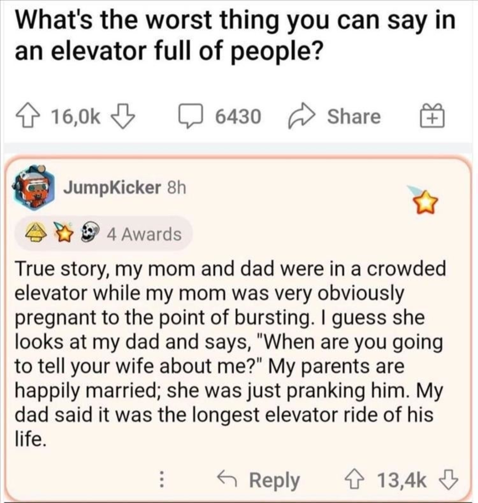 A screenshot of a social media post where a user shares an embarrassing story about their parents in an elevator