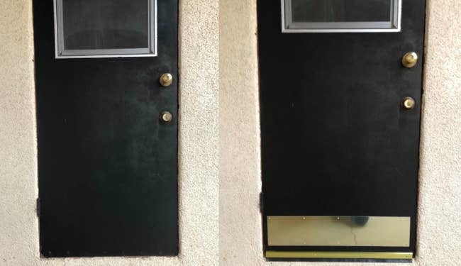 Two doors side by side, left without a door mat, right with a gold mat