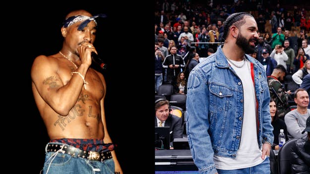 Split image: Left - 2Pac performing shirtless; Right - Drake at a sports event in denim jacket