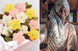 A bouquet of cookie flowers wrapped with a bow on the left; a joyful person in striped attire on the right