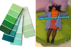 On the left, a variety of paint swatches, and on the right, America Ferrera lying on a circular bed with her arms outstretched as Betty on Ugly Betty labeled Upscale Hotel Evening
