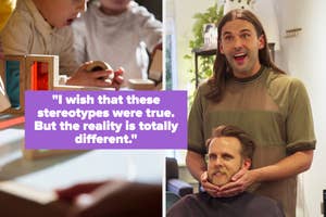 Two separate scenes: one with toddlers playing with blocks and another featuring Jonathan Van Ness styling a person's hair