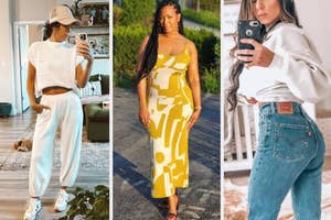 (left) white two-piece (middle) yellow abstract dress (right) jeans