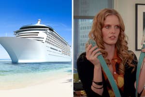 On the left, a cruise ship near a beach, and on the right, someone holding two similarly colored belts in The Devil Wears Prada with a concerned expression on their face