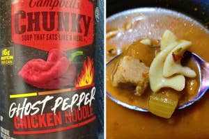 Two images: On the left, a can of Campbell's Chunky Ghost Pepper Chicken Noodle Soup. On the right, a bowl of the soup with noodles and vegetables