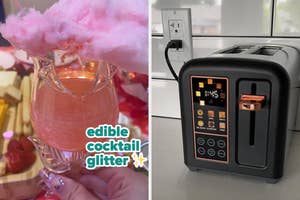 Left: A hand holding a cocktail with edible glitter. Right: A modern toaster with multiple functions on a counter