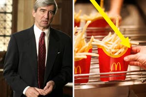 Split image: left, man in suit and tie; right, hand holding two McDonald's fries containers