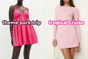 On the left, someone wearing a sleeveless mini dress labeled theme park trip, and on the right, someone wearing a long sleeved mini dress labeled tropical cruise