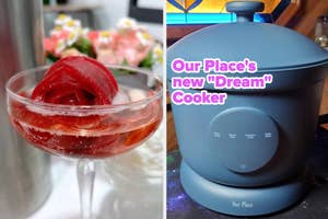 Left: A drink with a flower garnish. Right: Our Place's "Dream" Cooker