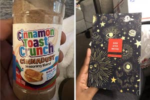 Person's hand holding a jar of Cinnamon Toast Crunch seasoning and a notebook with celestial design, titled "Burn After Writing."