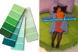On the left, a variety of paint swatches, and on the right, America Ferrera lying on a circular bed with her arms outstretched as Betty on Ugly Betty labeled Upscale Hotel Evening