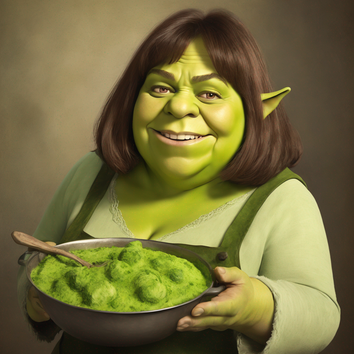Illustration of Fiona from Shrek holding a pot of green substance, smiling