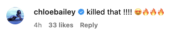Comment by chloebailey with emojis expressing admiration for a performance