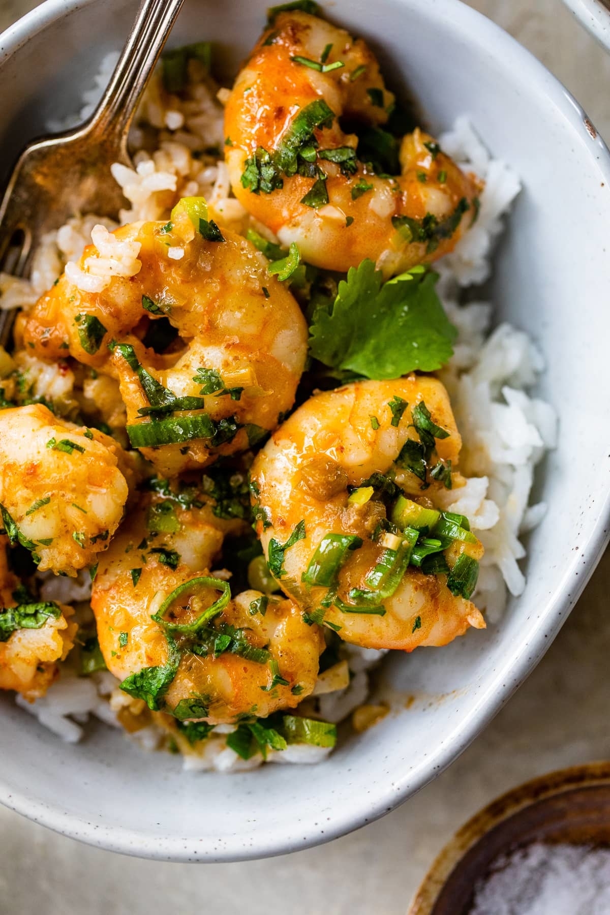 A bowl of shrimp over rice garnished with herbs