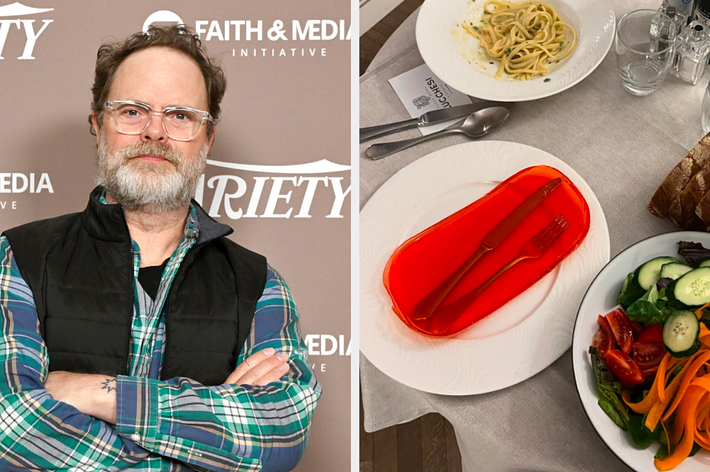 Left: Man with glasses and beard in vest posing. Right: Dinner plate with pasta, salad, and bread