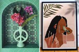 green peace sign planter on display with flowers and wipin' tears art print on display
