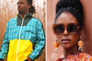 model wearing blue and yellow print windbreaker and model wearing sunglasses and orange statement earrings