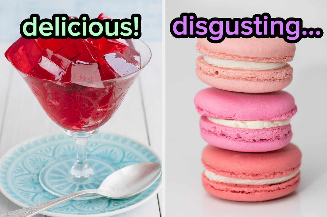 On the left, some Jello cubes in a dish labeled delicious, and on the right, a stack of macarons labeled disgusting