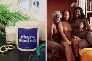 "after a good cry" candle on countertop next to items and three models in skin tone matching lounge sets