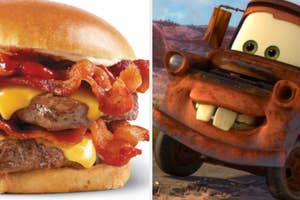 Two images side by side; on the left is a bacon cheeseburger, and on the right is Mater from the movie "Cars."