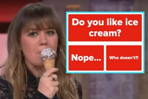 Kelly Clarkson eating ice cream next to a screenshot of the question do you like ice cream