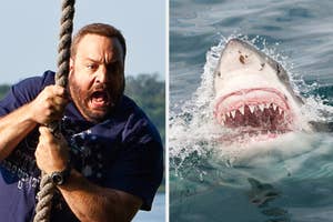 Kevin James on a rope swing and a great white shark breaching the water.