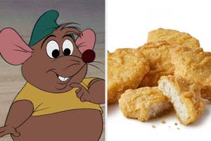 Image 1: Cartoon character Gus from Disney's Cinderella smiling. Image 2: Several chicken nuggets, some bitten into