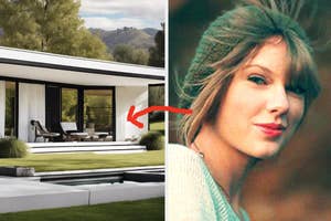 Modern vacation home with large windows overlooking a scenic landscape on the left, Taylor Swift smiling on the right