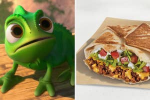 Pascal from Tangled looks curious; image of a quesadilla with beef, lettuce, and tomato