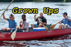 Four actors paddling in a canoe with movie title "Grown Ups" overhead
