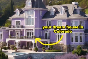 A huge mansion surrounded by hills with text that says "your dream house in Colorado"