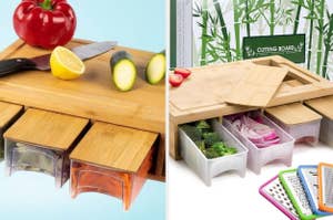 two bamboo cutting boards with bins for veggies underneath