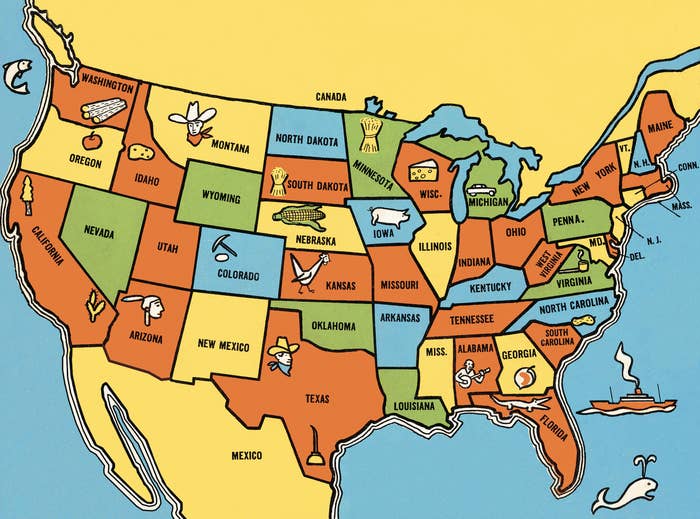 Illustrated map of the United States with states labeled and iconic symbols for each state