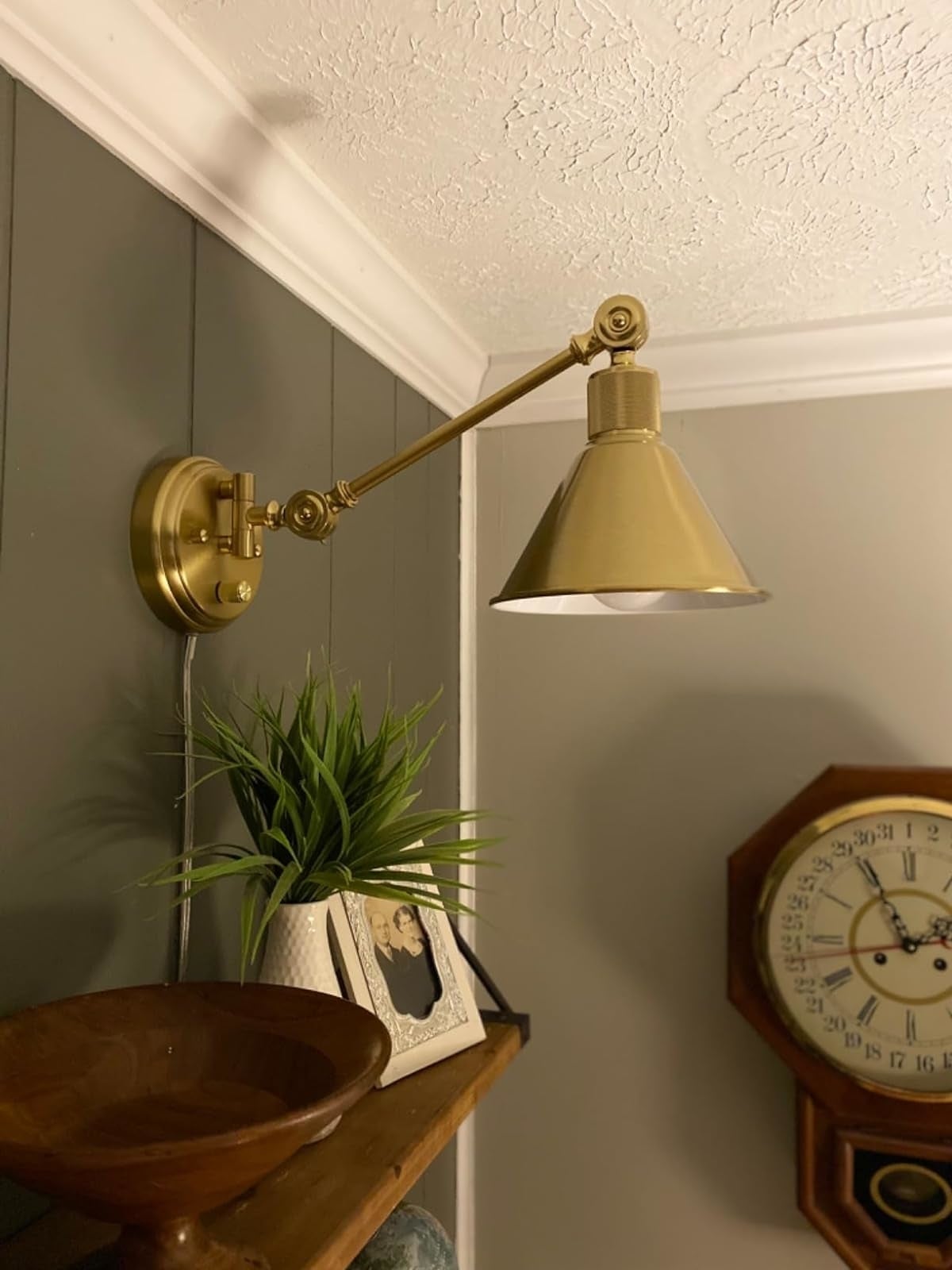 Brass wall-mounted lamp extended implicit    a woody  bowl, with a potted works  and a photograph  connected  a array  adjacent  to a clock
