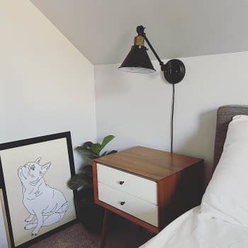 Bedside with a mid-century modern nightstand, wall-mounted lamp, framed enactment drawing, and a plant