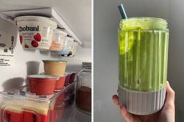 a yogurt holder attached inside a fridge and a hand holding a glass of green smoothie.