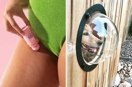 Person applying after shave to bikini line; a dog peeks through a wooden fence bubble window